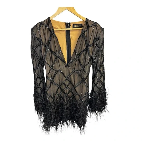 **Brand New ** Amber Deep V Embellished Feather Trim Mini Dress - Black - Picture 5 of 14